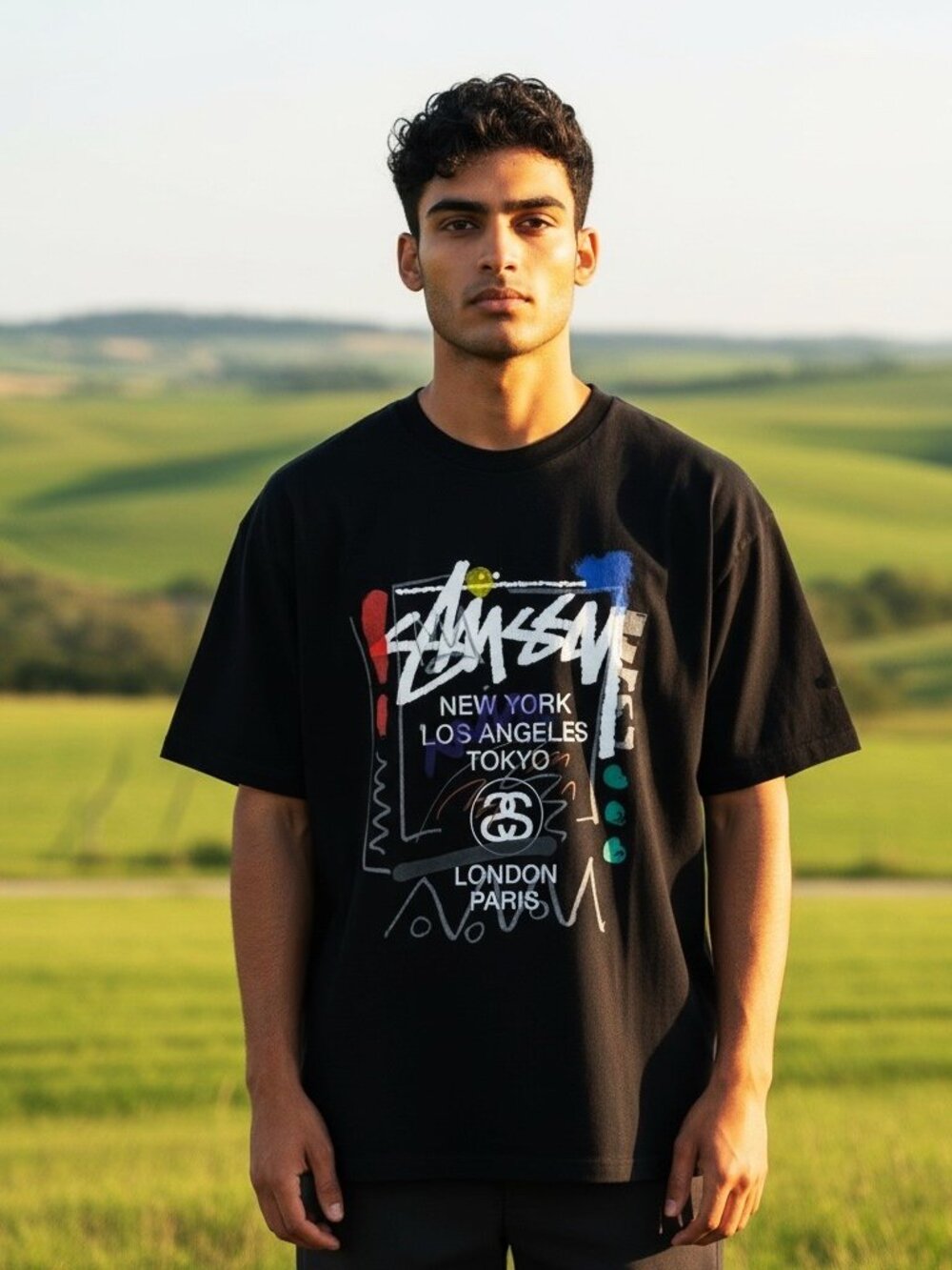 RARE! Stussy World Tour Color Black London Paris NY LA Tee Mens Size Large
